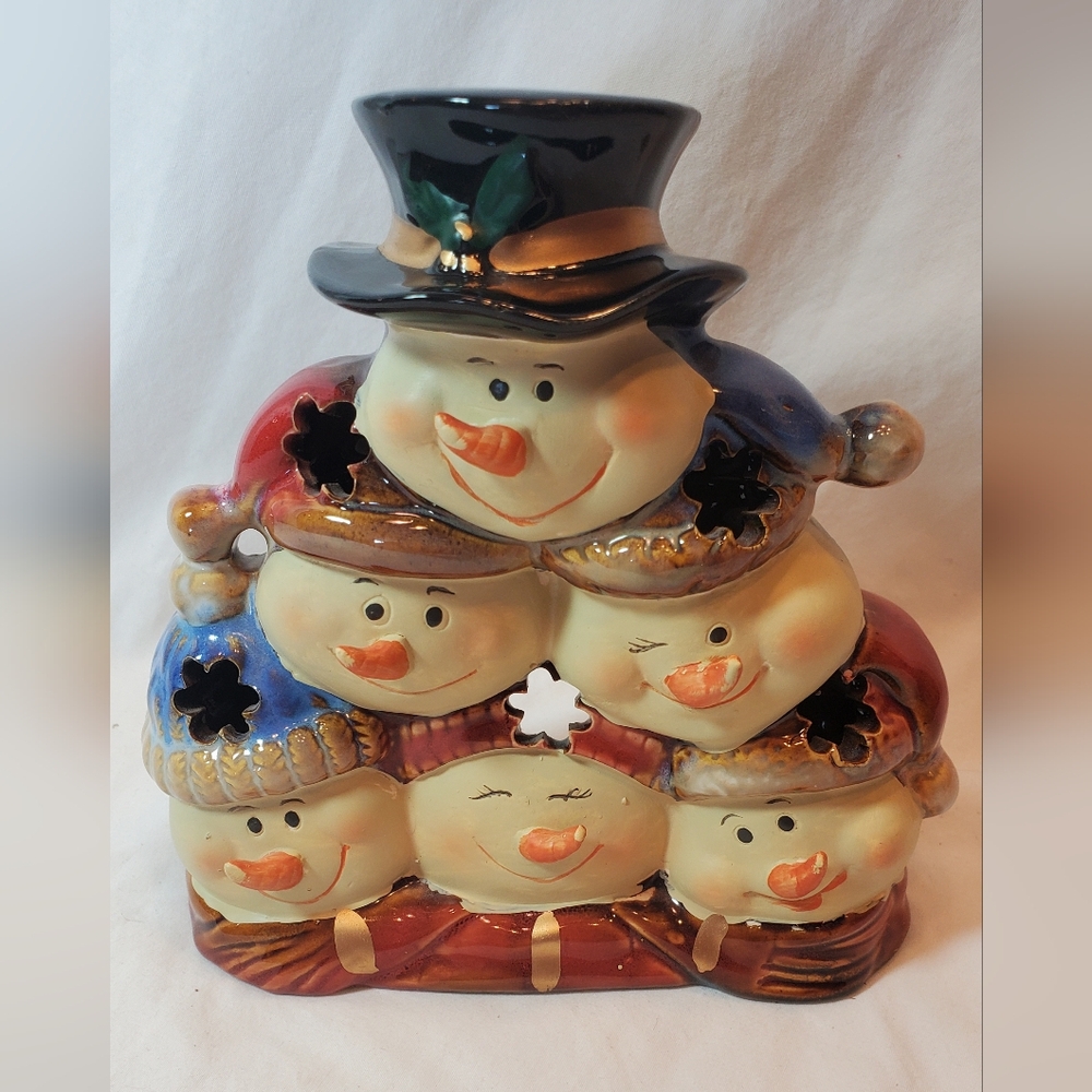 Snowman Family Ceramic Tea Light Or Battery Candle Holder w/Cutouts Figure